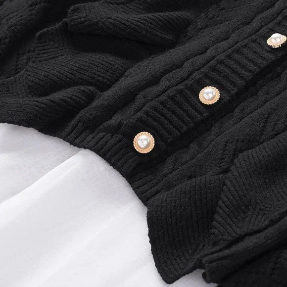 Black Ruffled Buttoned Open Front Knitted Sweater - Picture 11 of 16